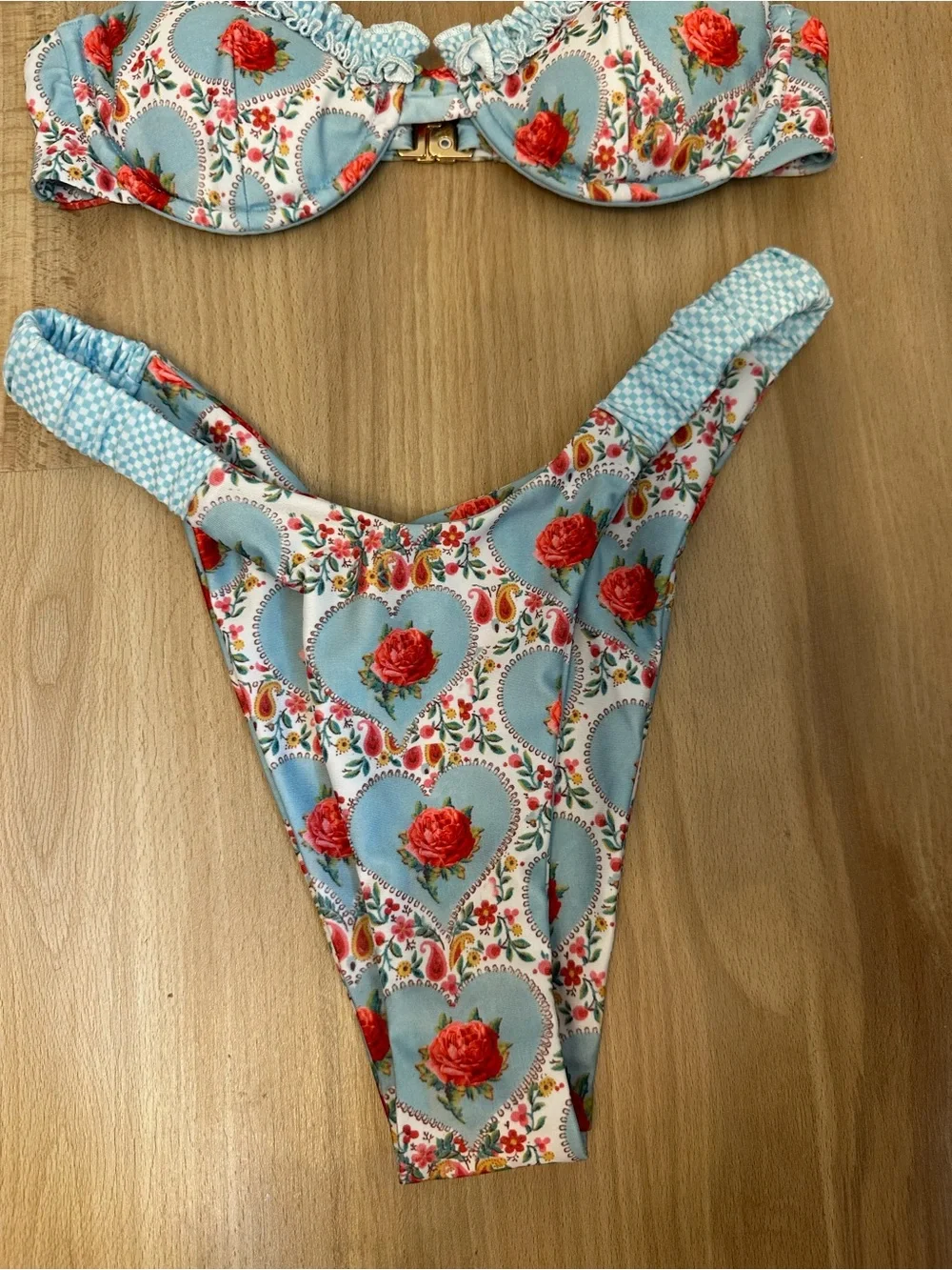 Strawberry Milk Mob Light Blue Floral Underwire Bikini Set with Red Roses